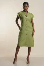 Olive green linen button-front shirt dress with collar, short sleeves, knee-length hem, modeled front view