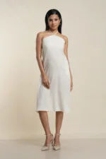 Women's halter neck midi dress in Cream linen blend, front view — Tropic of Linen BE0053