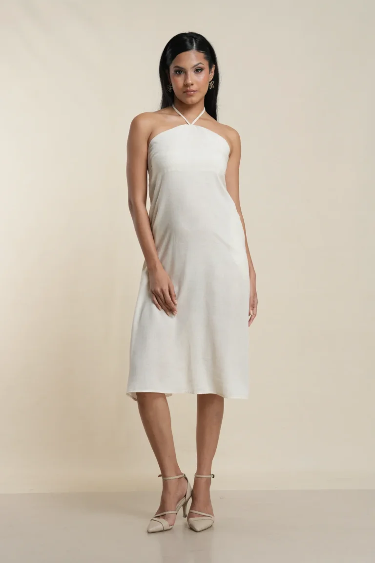 Women's halter neck midi dress in Cream linen blend, front view — Tropic of Linen BE0053