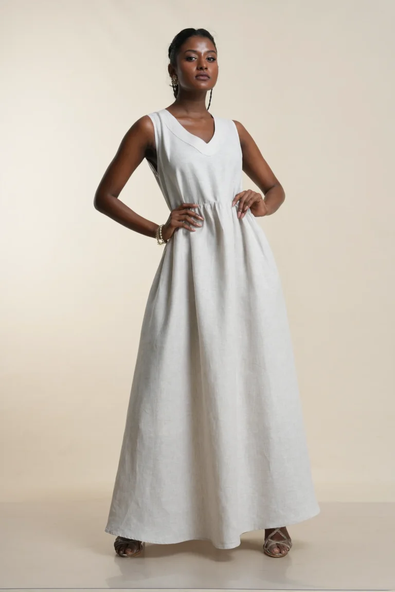 Women's sleeveless maxi dress in Beige, front view — Tropic of Linen BE0060