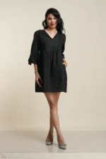 Women's linen dress with pockets in Black, front view — Tropic of Linen BLK062