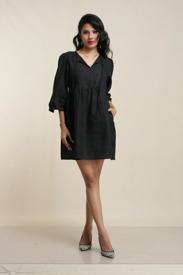 Women's linen dress with pockets in Black, front view — Tropic of Linen BLK062